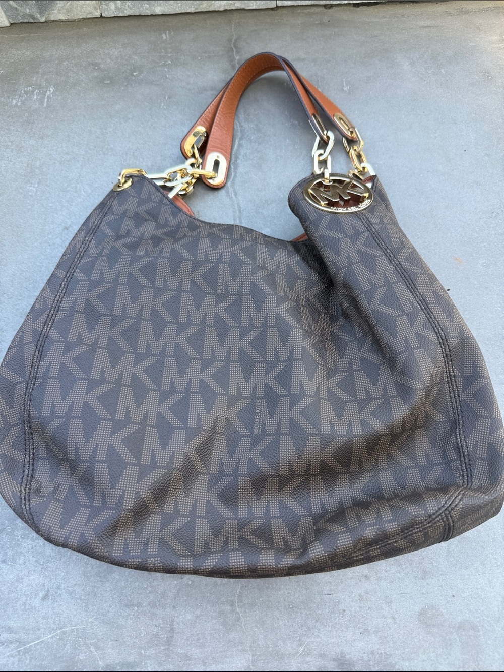 Michael Kors Dark Brown MK Logo Shoulder Hobo with Tan Strap